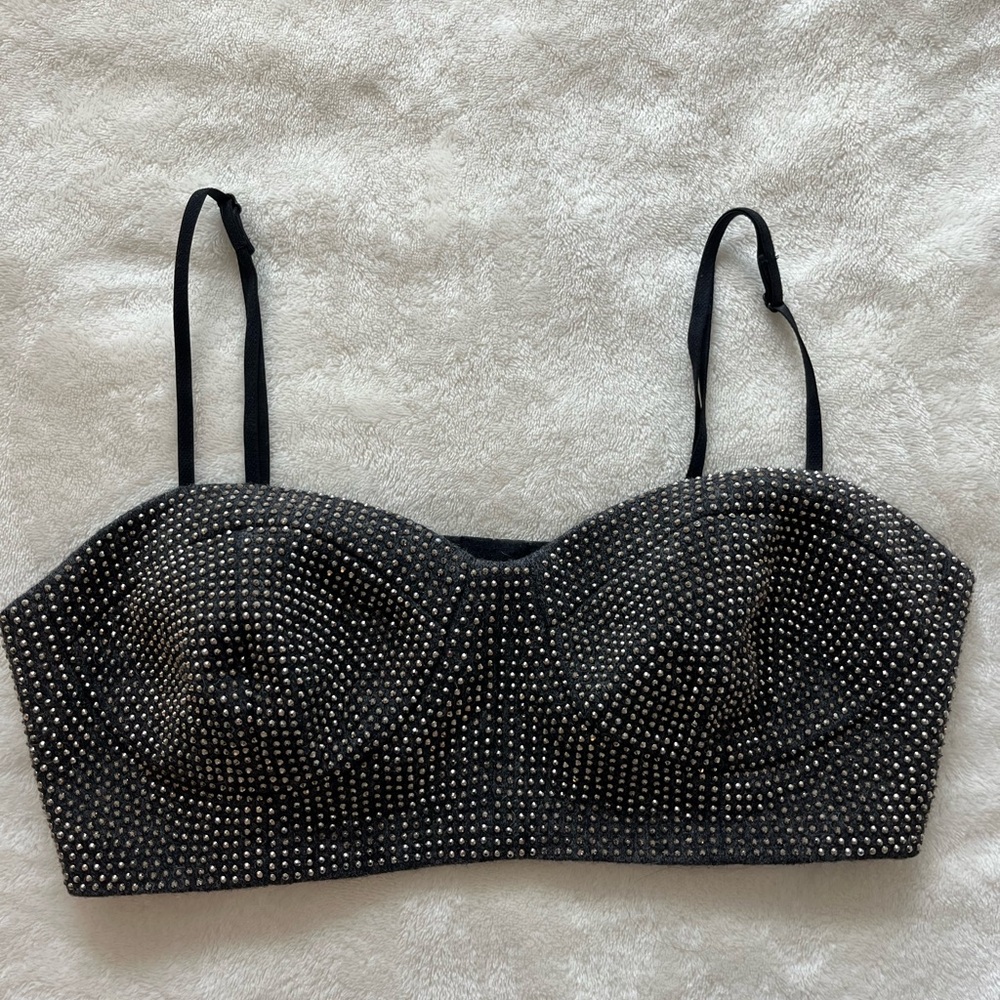 Black Garage Rhinestone Cropped Bra Top